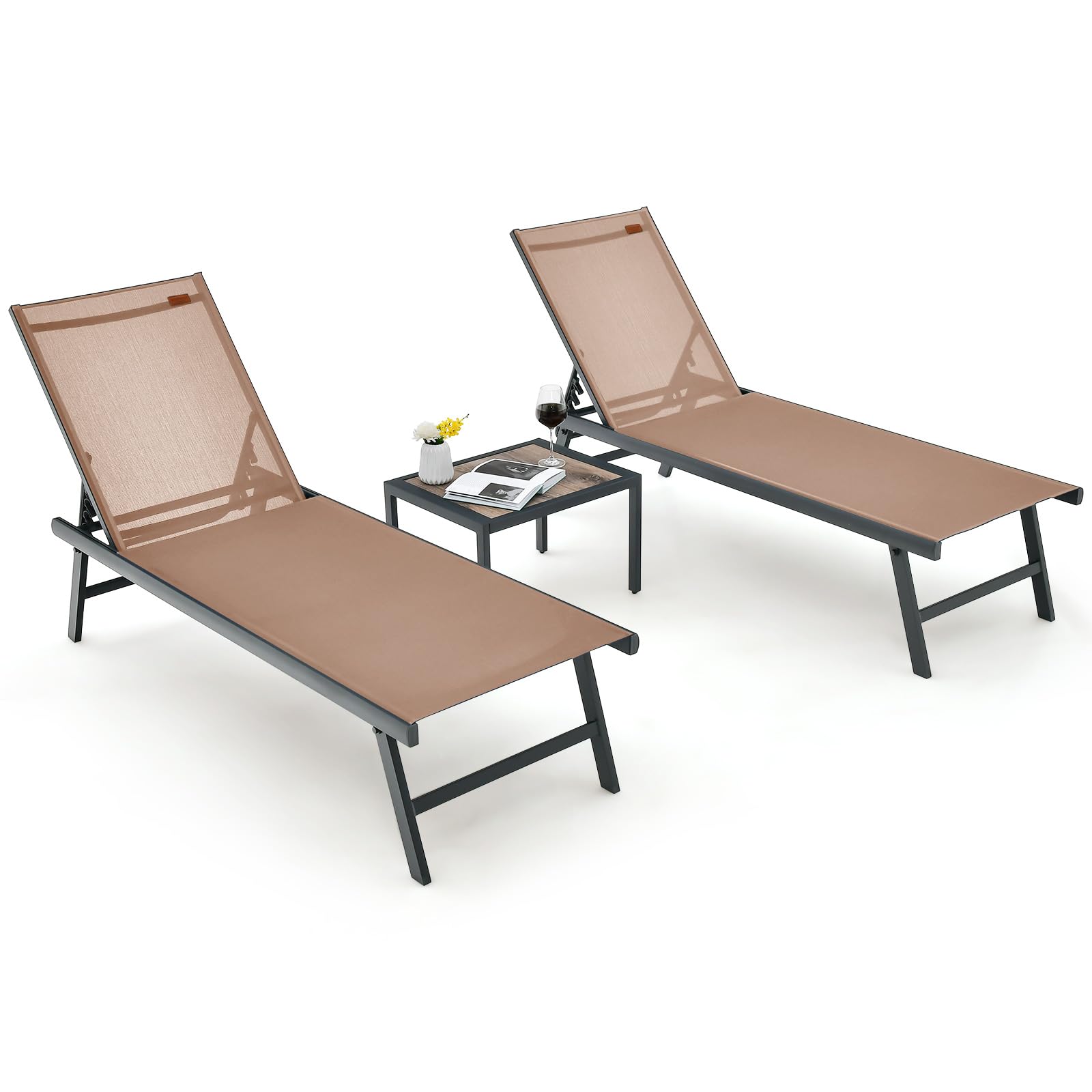 Ensemble de 3 chaises longues de patio Tangkula avec table basse